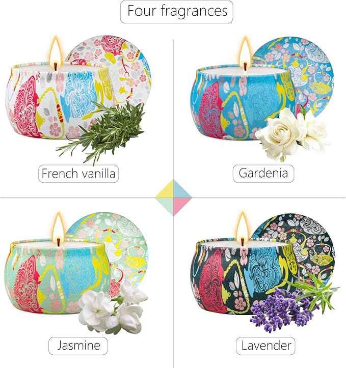 Scented Candles, 4 Packs 4.4oz Candle Set, Soy Candles for Home Scented, Aromatherapy Candle for Stress Relief, Bathing, Ideal Gifts for Women Birthday, Thanksgiving, Christmas, Get Well Soon Gifts