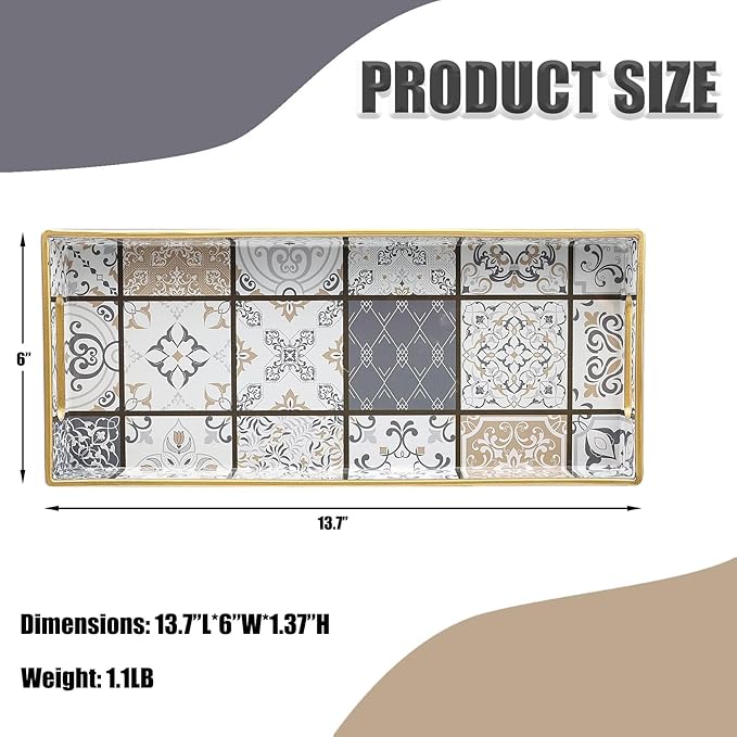 Bathroom Vanity Tray for Countertop, Small Plastic Toilet Tank Tray Versatile Storage & Organization Tray for Makeup, Perfume, Desk, Kitchen, Candles, 13.7"x6"x1.4", 35Boho3