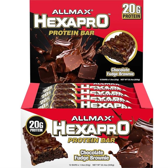 ALLMAX HEXAPRO PROTEIN BAR, Chocolate Fudge Brownie - Pack of 12 - High-Protein Energy Snack - 20 g of Protein Per Bar - With Whey Protein Isolate