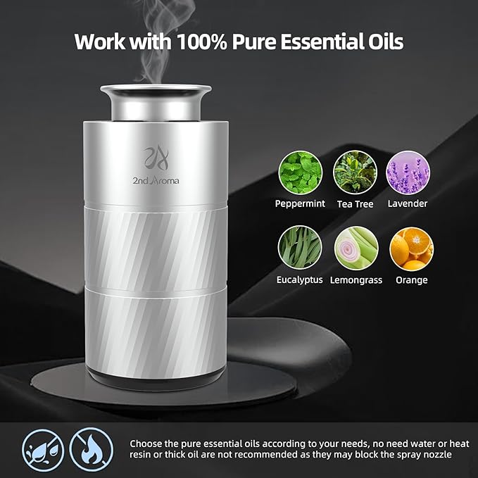 Car Essential Oil Diffuser, Waterless Aluminum Aroma Car Diffuser, 20ml Portable USB Type-C Rechargeable Wireless 1/2/4H Timer Long Lasting Freshener for Traveling Camping Working