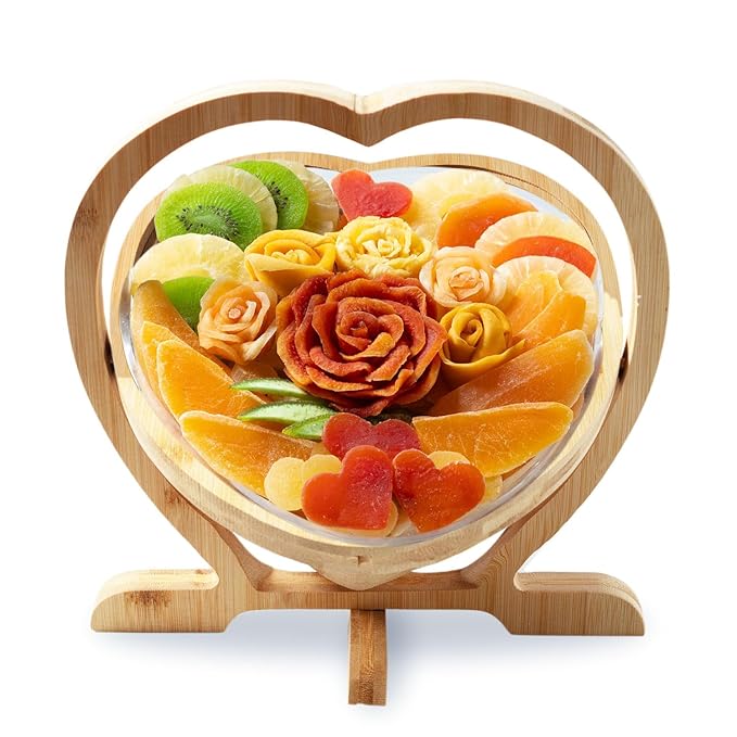 Dried Fruit Gift Basket- Heart Shaped Food Tray- Gourmet Assortment of Premium Tropical Fruits in Reusable Bamboo Heart Basket – Healthy Holiday Snack Gift for Thanksgiving, Christmas, Corporate Gifting- Bonnie and Pop