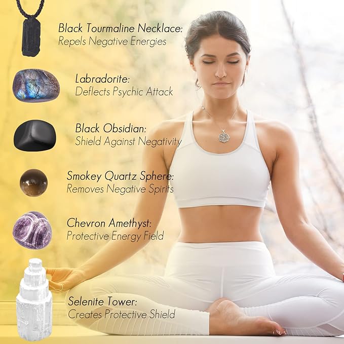 QianCannaor Protection Crystals and Healing Stones, Black Tourmaline Necklace, Selenite Tower,Smokey Quartz Sphere,Black Obsidian Healing Crystals Set for Meditation Accessories,Witchcraft Supplies