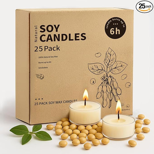 Crenovo Tea Lights Candles 25 Pack, Natural Soy Wax Tealights Candles Bulk 6 Hours Non-Toxic, Long Burning, Unscented Small Votive Cup Candles for Wedding, Party, Dinner, Emergency
