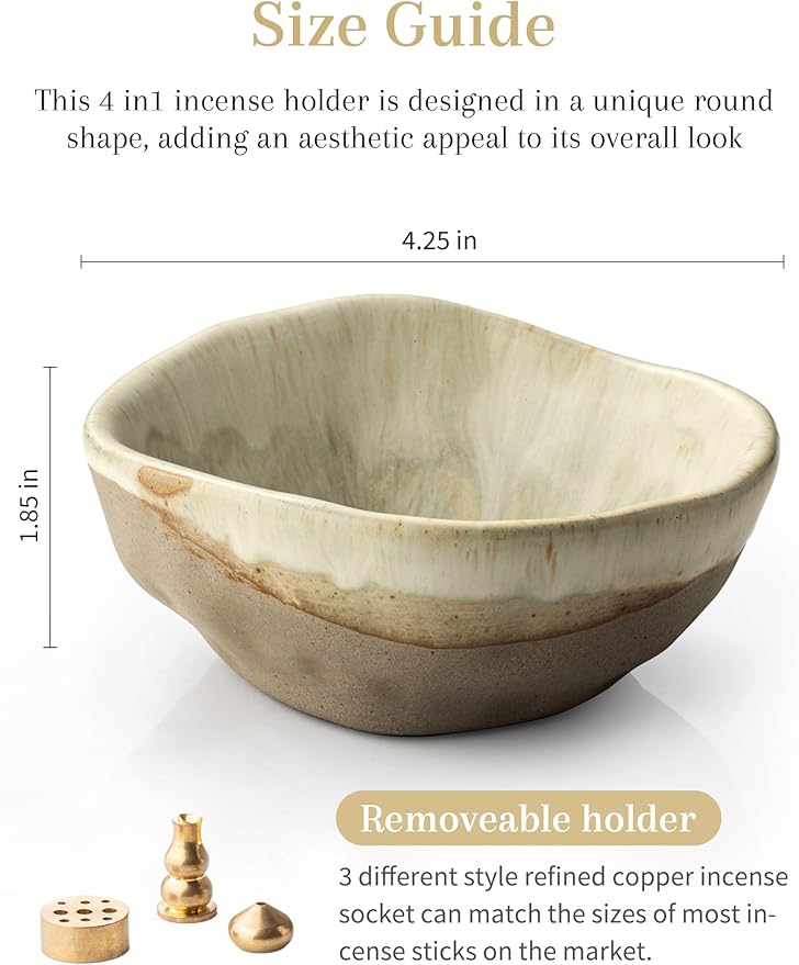 Incense Burner, Ceramic 4 in 1 Incense Holder, Unique Round Shape Incense Holder for Sticks, Handcrafted Incense Cone Burner with 3 Incense Sockets for Meditation Space, Yoga, Gray-Green