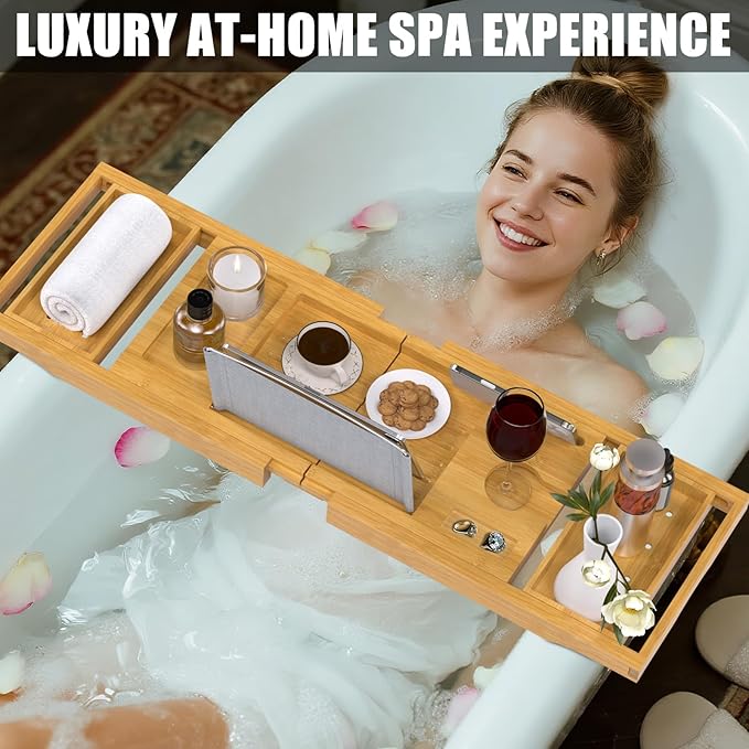 Bathtub Tray Caddy, Expandable Bath Trays for Tub, Bamboo Shelf & Table with Wine Glass Holder,Bathroom Accessories for New Home & Mothers Day & Birthday Gifts for Mom