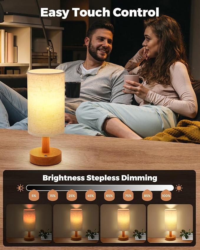 Cordless Table Lamp, 2200mAh Battery Operated Desk Lamp, Touch Bedside Lamps for Night Stands, Warm Light Mini Boho Lamp, Wood Base Round Flaxen Fabric Shade for Living Room,LED Bulb Included (Beige)