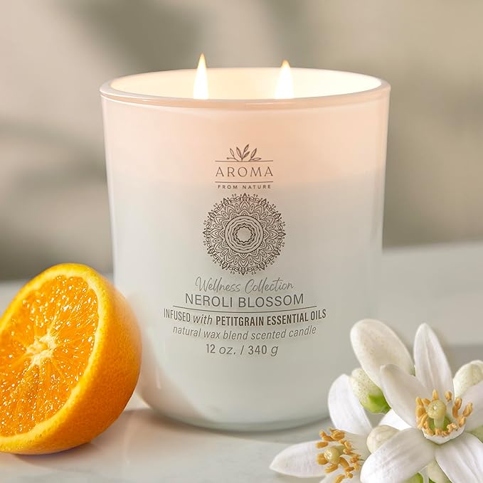 Aroma from Nature Wellness Collection Candle, 12 oz, 2 Cotton Wicks, Neroli Blossom, Large Painted Jar