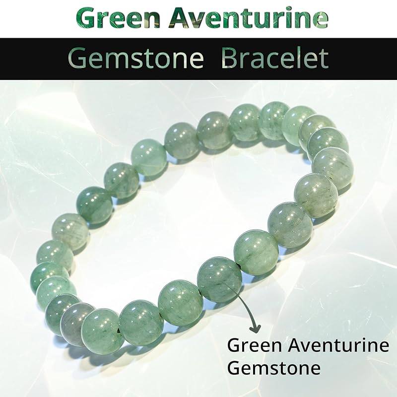 Green Aventurine Bracelet, Natural Healing Crystal Bracelet for Women and Men, 8mm Round Beaded Bracelet for Wealth, Prosperity, Elastic Adjustable Size Gemstone Bead Bracelet for Attract Success