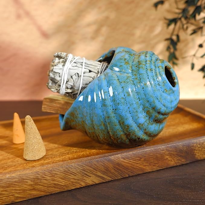 Blue Conch Chiminea Palo Santo Burner - Ceramic Smudging Bowl、Incense Chimney,Works with Sage、Incense Cones,Energy Cleansing-Thoughtful Gifts for Meditation, Altar,Spa,Yoga, Aromatherapy