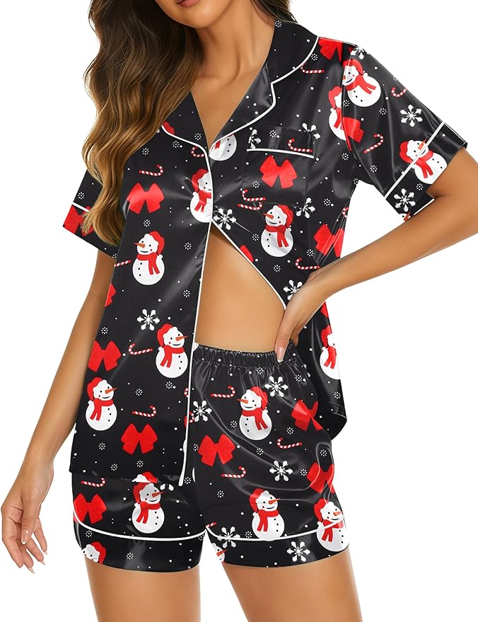 Ekouaer Silk Pajamas for Women Short Sleeve Sleepwear Soft Button Down Loungewear 2 Piece Satin Pjs Shorts Set S-XXL