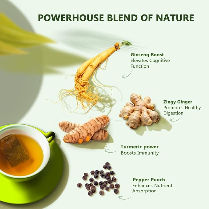 Olinda Turmeric Ginger Ginseng Herbal Tea Organic Caffeine-Free Antioxidant-Rich 100% Pure Herbal Blend 100 Tea Bags Pack Brew Hot or Iced Tea