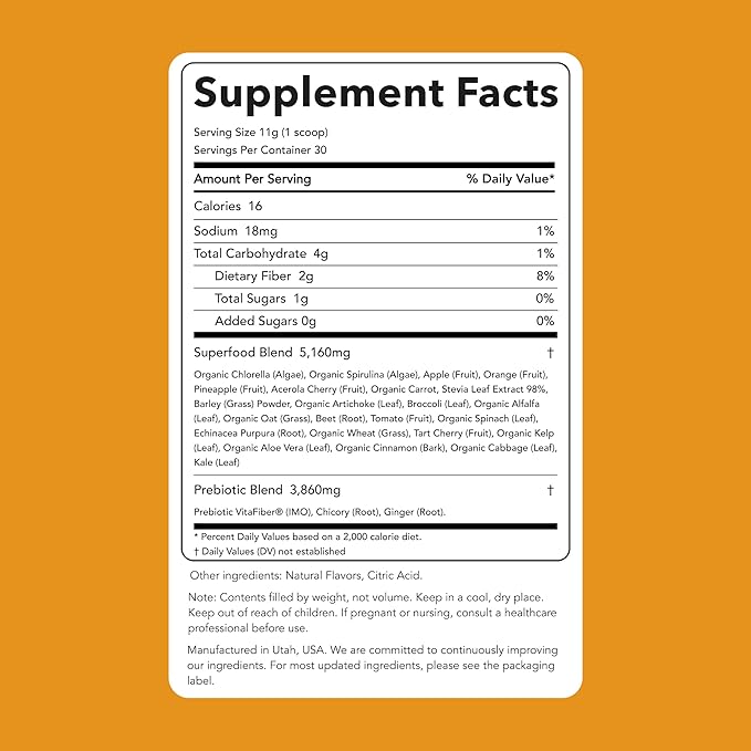 Clean Simple Eats Super Greens Powder, Naturally Flavored Greens Powder with Chlorella, Spirulina, Superfoods & Prebiotic Fiber, No Artificial Ingredients, Gluten Free, Tropical Greens Flavor, 30 Srvg