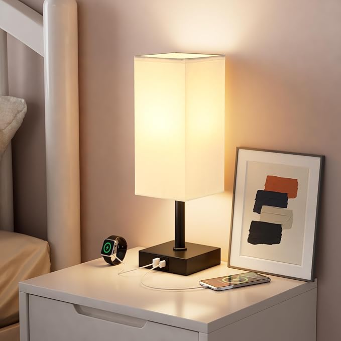 Ambimall Touch Control Table Lamp with USB A+C Charging Ports - 3 Way Touch Lamps Bedside, Nightstand Lamp for Bedrooms, LED Bulb Included(White Shade & Black Base)