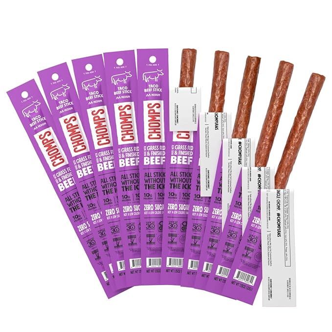 Chomps Grass-Fed and Finished Taco Beef Jerky Snack Sticks 10-Pack - Keto, Paleo, Whole30, 10g Lean Meat Protein, Gluten-Free, Zero Sugar Food, Non-GMO