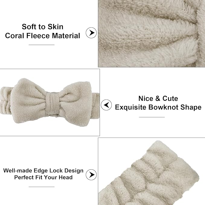 Casoty 6 Pcs Spa Headbands, Hair Holder for Washing Face, Soft Coral Fleece Facewash Headband, Bow Hair Bands, Beauty Headbands for Face Washing Shower Skin Care Yoga
