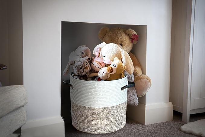 Cotton rope Storage Basket with Zipper cover & Woven baskets with Lid easy to move Multi-Purpose Storage Basket for Living Room, 13 x14 inches(Brown+White)