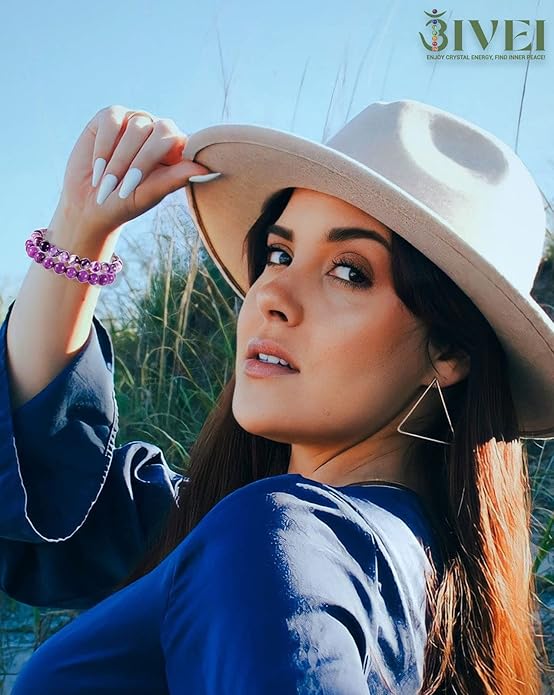 Bivei Natural Gemstone Semi Precious Healing Crystals Handmade Stretchy Round Beads Bracelet, Enhance Positive Energy