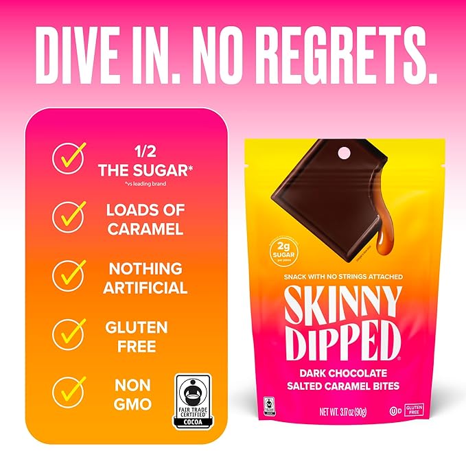 SkinnyDipped Dark Chocolate Salted Caramel Bites, 2g Sugar per Piece, Keto Friendly, Low Calorie Gluten Free, 4 Pack