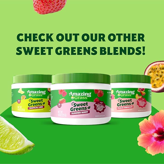 Amazing Grass Sweet Greens and Superfoods Powder for Digestive Health, Greens Powder, Digestive Enzymes, Probiotics, Spirulina, Chlorella, Peach Hibiscus, 30 Servings