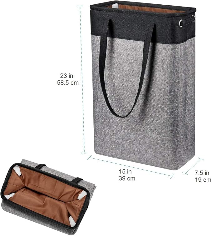 i BKGOO Laundry Basket with Handles Black&Grey-Slim Laundry Bin Collapsible Dirty Clothes Basket Narrow Laundry Bag Foldable Dirty Hamper for Camping, Dorms, Apartments