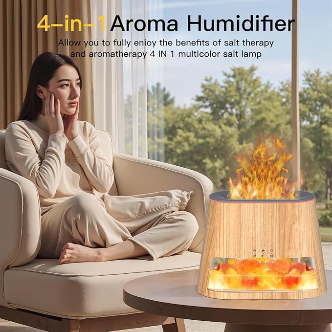 2-in-1 Essential Oil Diffuser and Himalayan Salt lamp, Two Lighting Modes, Aromatherapy Diffuser, Automatic Shut-Off Function, Cold Mist humidifier, Suitable for Home bedrooms, 260ml (Wooden)