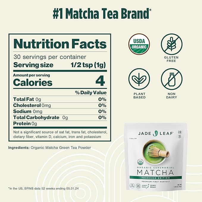 Jade Leaf Matcha Organic Ceremonial Green Tea Powder - Teahouse Edition - Premium First Harvest Ceremonial Grade- Authentic Japanese Origin (1.06 Ounce Pouch)