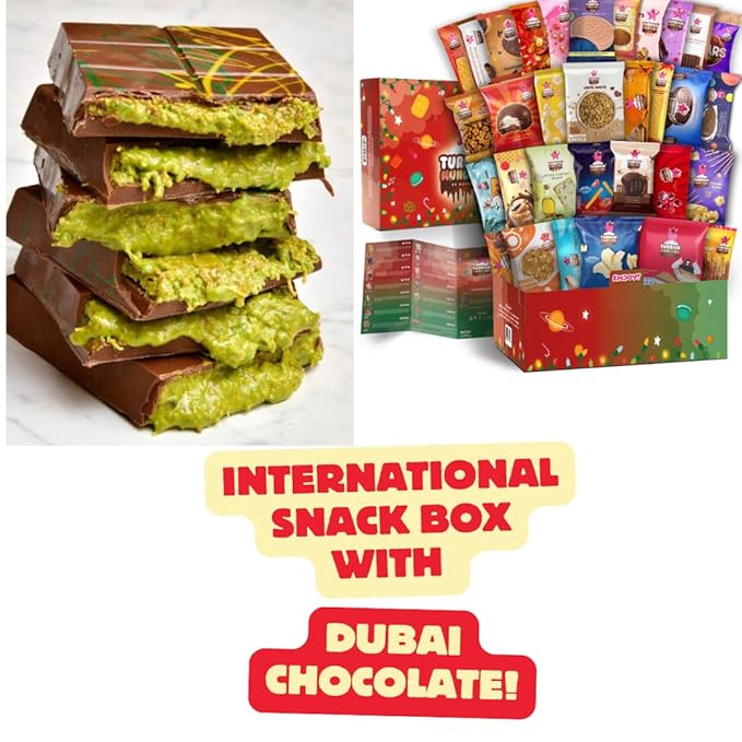 Dubai Chocolate Bar with Mega International Snack Box | Premium Exotic Foreign Snacks Unique Food Gifts Included Try Extraordinary Turkish Candies from Around the World 32 Full-Size
