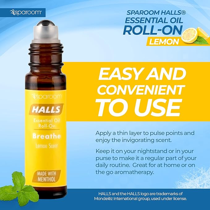 Halls Breathe Essential Oil Roll On Lemon – Uplifting Citrus Blend with Menthol for Stress and Craving Relief, Clean Botanical Aromatherapy for Travel or Home Use, 10mL Pocket-Sized Format