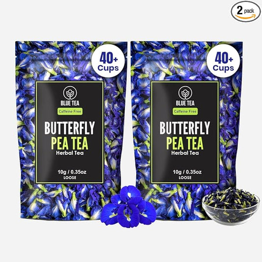 BLUE TEA - Butterfly Pea Flower Tea - 0.35 Oz - Pack of 2 (80+ Cups) Loose | Antioxidant Rich | Herbal Tea - Flower Based - Non-Bitter - Caffeine Free - Chemical Free | Zipper Packaging