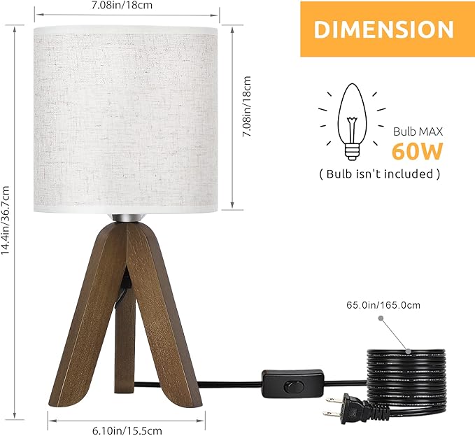 HAITRAL Wooden Tripod Table Lamp with Brown Base, Small Table Lamp Bedsides Lamp with Linen Fabric Shade, Nightstand Lamp Cute Night Lamp for Bedroom,Kids Room,Nursery,Dorm