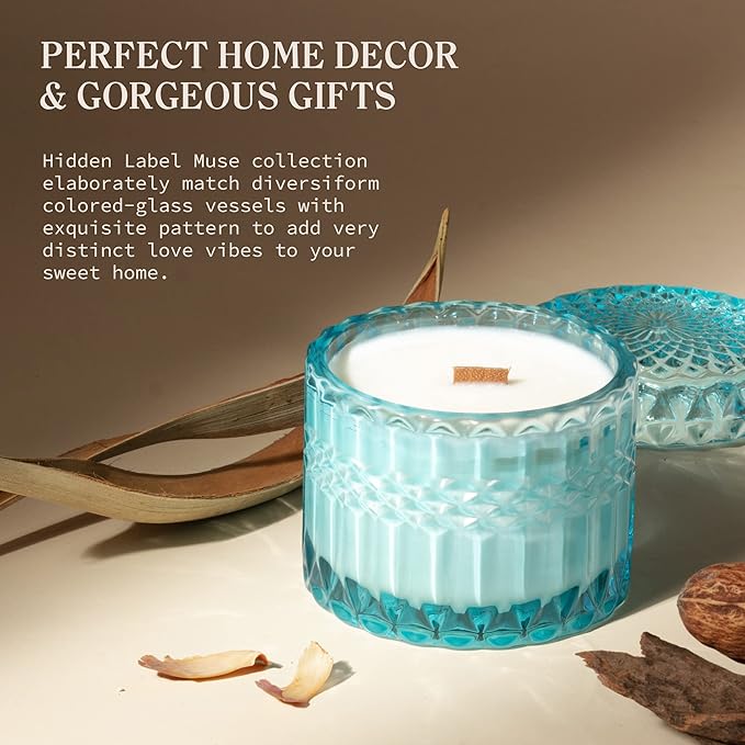 Hidden Label Coconut Lime Verbena Scented Soy Candles, Crackling Wood Wick, Muse Collection 7.4oz Glass Jar Decorative Candles, Gifts for Women