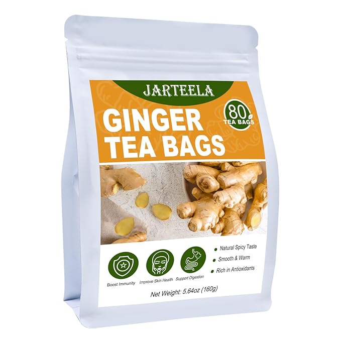 Jarteela - Ginger Tea Bags, 2g x 80 Count - Natural Ginger Root Tea Bags - Non-GMO - Caffeine-free - Soothing & Spicy - Aids Digestion