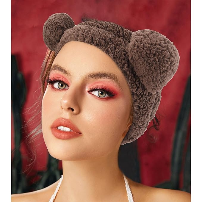 VELSCRUN Spa Headband, Makeup Face Wash Skincare Headbands, 5 Pcs Sponge Get Ready Bear Ears Hairband Facial Wristband Hair Clip Set, Stuff for Teen Girls Women Trendy Hair Accessories Dark Brown