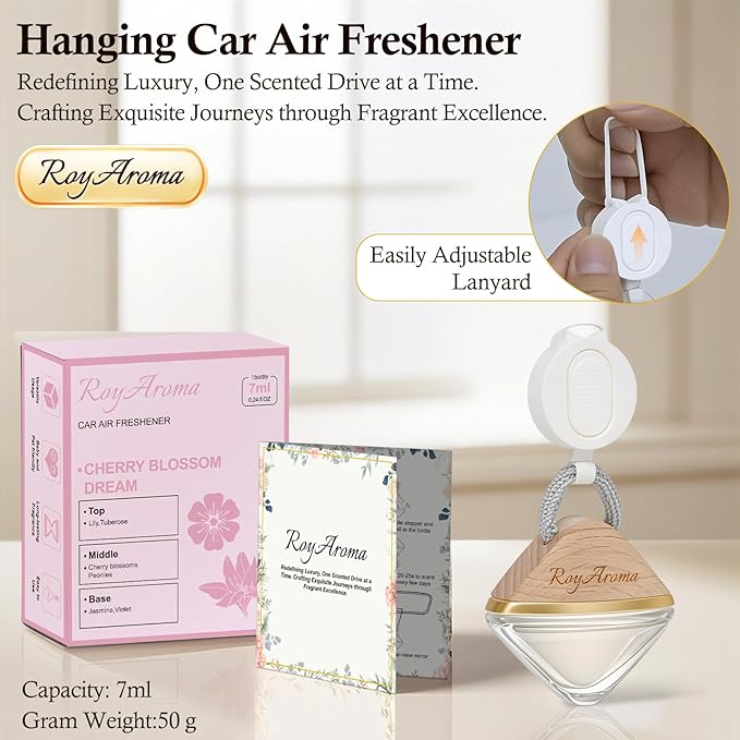 Car Air Freshener Hanging, Car Scent Diffuser with Adjustable Rope | Natural Essential Oil Auto Perfume for Men & Women | Long Lasting Non-Toxic Air Fresheners | Cherry Blossom