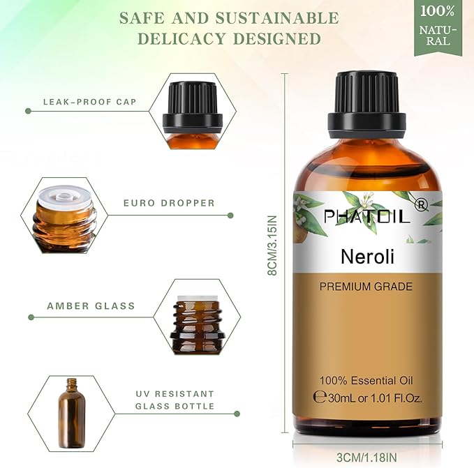 Neroli 1.01fl.oz Essential Oil, PHATOIL Pure Aromatherapy Oils for Diffuser, Humidifier, Perfect for DIY Soap, Candle, Bath Bombs Making(30ml)