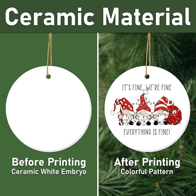 34HD Gifts for Christmas, Gnome Christmas Ornament Ceramic 2-Side Printed, Gnome Gifts, Everything is Fine Ornament, Christmas Decorations for Trees