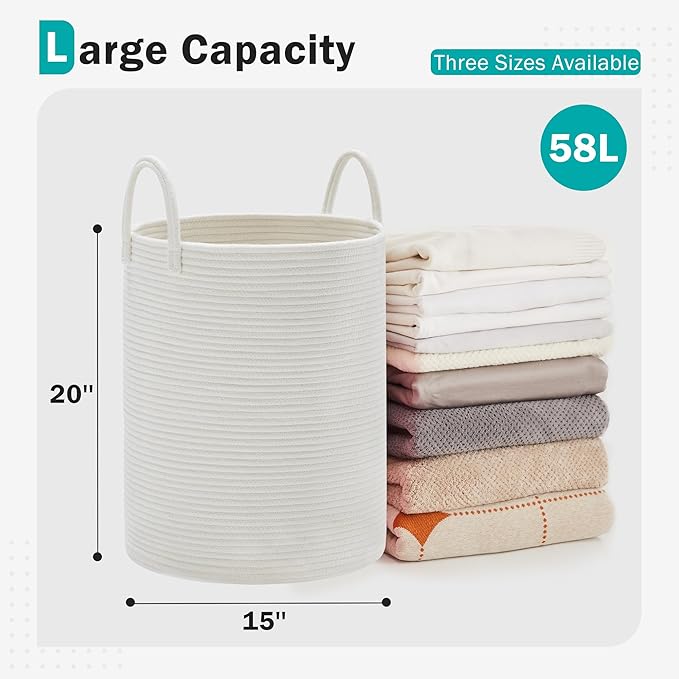 Cotton Rope Laundry Hamper by YOUDENOVA, 58L - Woven Collapsible Laundry Basket - Clothes Storage Basket for Blankets, Laundry Room Organizing, Bedroom Storage, Clothes Hamper – White