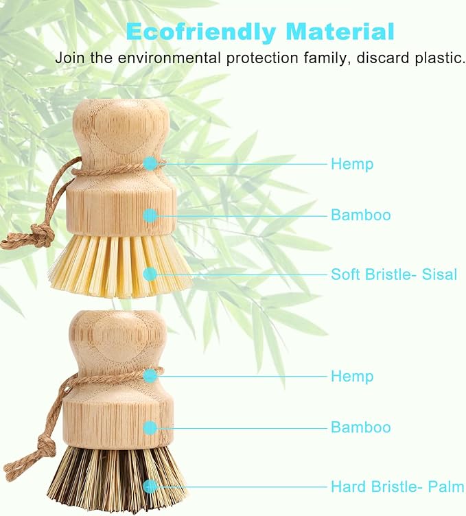 Bamboo Dish Brush Set, 2 Pcs Palm Wooden Dish Scrubber Brush, Dish Brushes, Durable Wood Dishes Scrub Brush, Natural Round Vegetable Cleaning Pots Pans Sink Washing Kitchen Brush