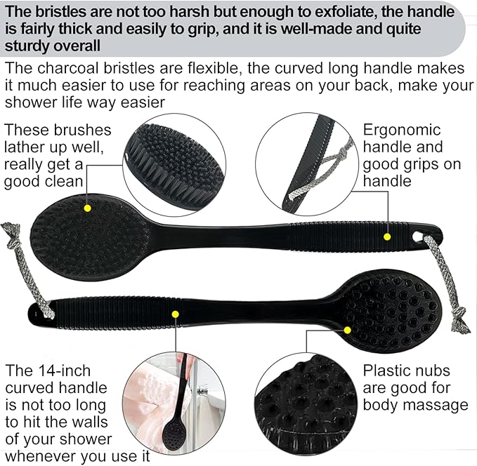 Back Bath Brush - Curved Long Handle Shower Brush with Medium Stiff Charcoal Bristles for Cleaning and Exfoliating Body, Back Scrubber for Men & Women (Black 2 Pack)