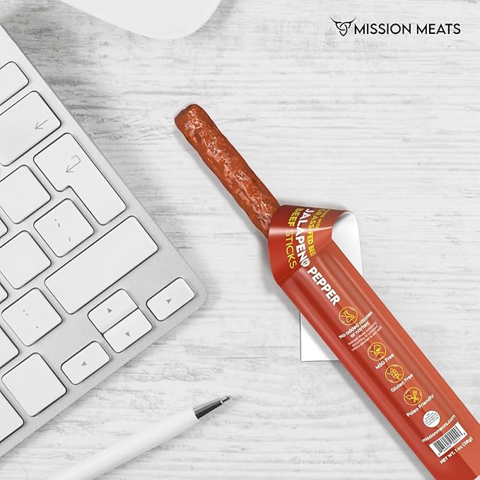 Mission Meats Beef Sticks – 100% Grass Fed & Pasture Raised, Sugar Free, Individually Wrapped Healthy Snacks, Whole 30 & Paleo Friendly, Jalapeno 1oz (Pack of 24)