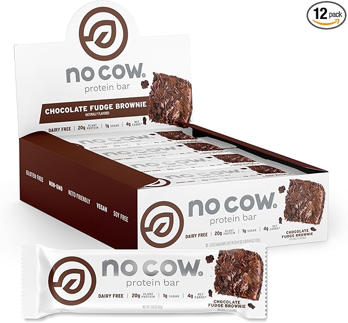 No Cow High Protein Bars, Chocolate Fudge Brownie - Healthy Snacks, 20g Vegan Protein, High Fiber, Low Sugar, Keto Friendly, Dairy & Gluten Free (12 Count)