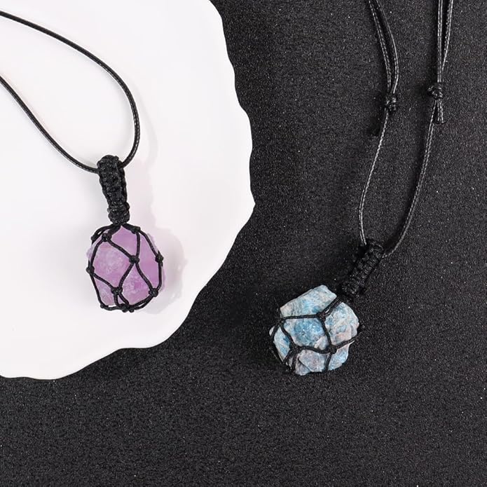 Handmade Natural Gemstone Crystal Pendant Necklace Stone Holder Necklace Cord Net Necklace with Adjustable Length for Women Men