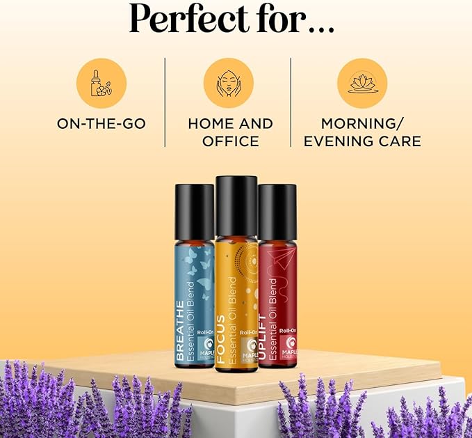 Aromatherapy Roll on Essential Oils Set - Wellness Essential Oils Set Variety Pack with Focus Uplift & Breathe Essential Oil Rollers - Fun & Cute Wellness Gift for Young Women and Teens (3 Pack)