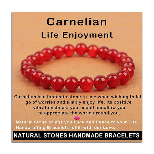 AD Beads Handmade Gemstone Stretch Elastic Bracelet Crystal Healing Reiki Nature's Beauty and Spiritual Essence Unisex (8mm, Carnelian (Life Enjoyment))