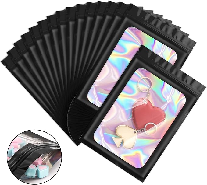 100 Pack Holographic Bags, Smell Proof Packaging Bags, Clear Window Resealable Odor Foil Pouch Mylar Bag for Food Storage and Lipgloss, Jewelry Lash (Black, 5.1 x 8.3 Inch)