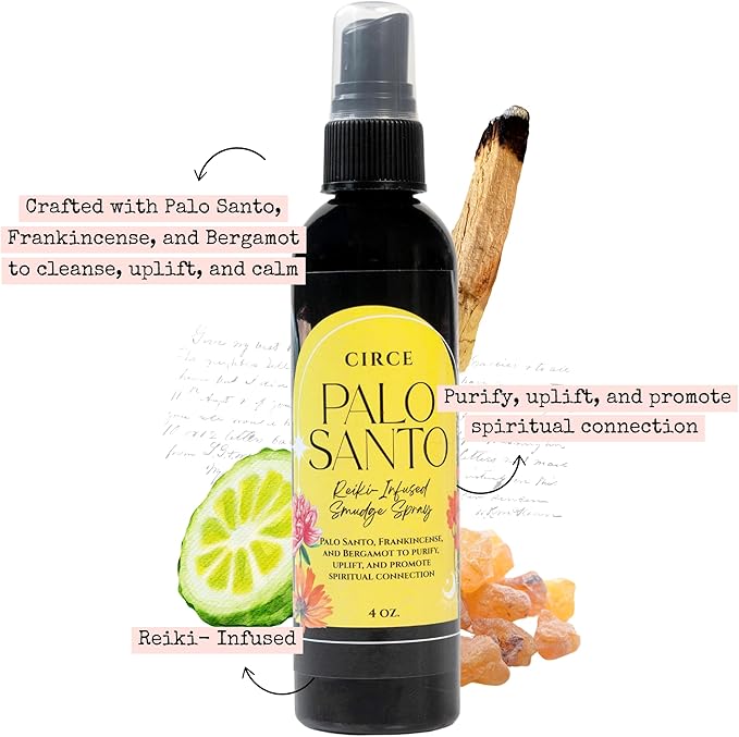 Circe Palo Santo Smudge Spray – 100% Natural Smoke Free Alternative To Purify Space, Elevate Energy & Promote Tranquility -Palo Santo, Frankincense & Bergamot - Meditation, Calm, Self Care, Gift - 4oz