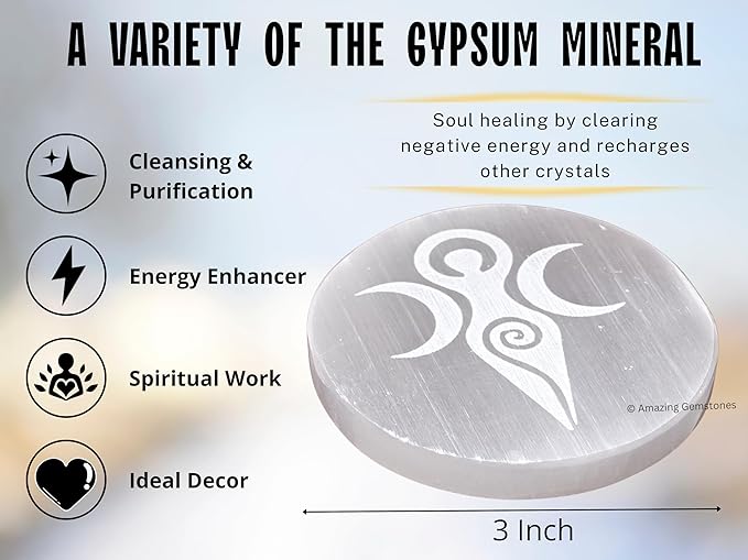 Amazing Gemstone Selenite Crystal Charging Plate For Crystals And Healing Stones, 3" Selenite Crystal Plate Engraved Goddess Angel Coaster For Home, Office Table Decor (Selenite Round Disc)