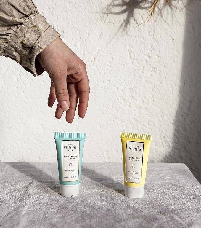 Fer à Cheval Moisturizing Scented Hand Cream Set, Creamy Hand Cream Travel Size Lotion Organic Shea Butter Hand Lotion | Pack of 3 (Honey & Almond, Rose Petals, Aqua Tangerine) 30ml/ 1.01 fl oz