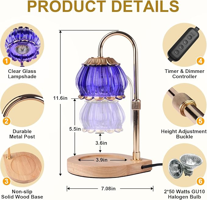 Candle Warmer Lamp with Timer, Adjustable Height Dimmable Candle Warmer Light, Gift for Women Glass Shade Electric Jar Candle Warming Lantern,Home Decor Cozy House Warming Gifts,Purple