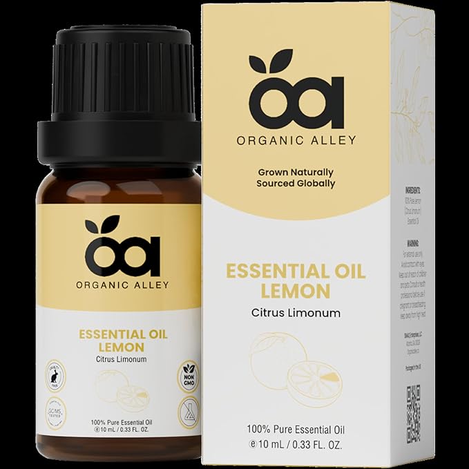 Lemon Essential Oil by Organic Alley (0.33 Fl Oz) | 100% Pure, Undiluted, Natural Citrus Limonum Oil | Lemon Oil for Skin, Cleaning, Therapeutic Grade | Fresh, Zesty Scent